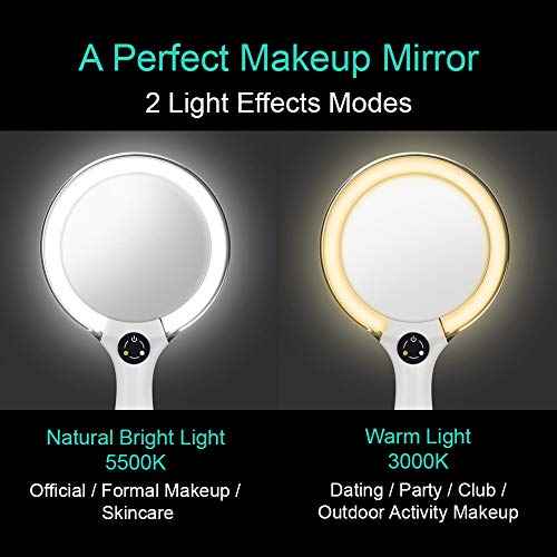 Starlite Handheld Rechargeable Lighted Makeup Mirror with Stand, 1X/5X Magnification, Dual Sided & Vanity Mirror with Bright and Warm Light, Cordless Rechargeable Mirror (White Colour)