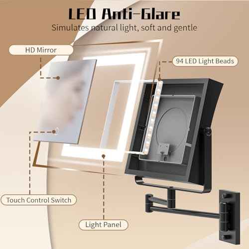 Wall Mounted Makeup Mirror with Lights 4000mAh Rechargeable Double Sided 1X/10X Magnifying Lighted Vanity Mirror with 3 Color Lights & Touch Dimmable 360¡Æ Rotation Extension Swing Arm for Bathroom