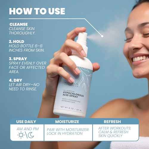 Hypochlorous Acid Spray for Face, Skin, and Body ? HOCl Facial Mist Toner, Hydrating Cleanser for Acne, Eczema, Rosacea, Eyelids, Pets, Workout, Baby, Back, Redness, Sensitive Care Spray - 8 oz.