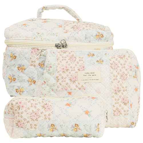 Generic Quilted Makeup Bag Set, Cute Cotton Floral Makeup Bag, Aesthetic Coquette Toiletry Bag, For Travel Toiletry (Bee Flower)