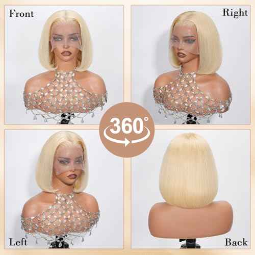 Blonde Bob Wig Human Hair 180 Density 12 Inch Straight 613 Bob Wig Human Hair 13x6 HD Lace Frontal Wigs, 100% Real Human Hair 613 Glueless Wigs Pre Plucked With Baby Hair Natural Look For Beginners