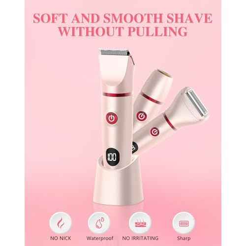 3-in-1 Bikini Trimmer for Women, Electric Razors Shaver for Public Hair - Rechargeable Body Hair Trimmer, Portable Detachable Removal Kit, lPX7 Waterproof Lightweight with LED Display, Gift for Women