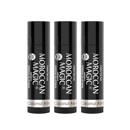 Moroccan Magic Organic Lip Balm 3 Pack | Coconut Almond Lip Balm Set | Chapstick for Dry Lips, Made with Natural, Cold Pressed Argan & Essential Oils Lip Moisturizer | Smooth Application, Non-Toxic