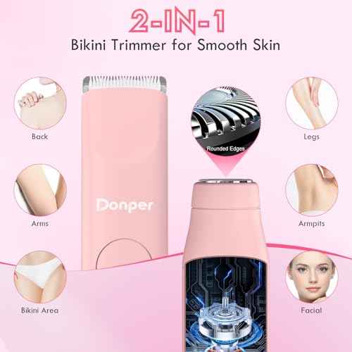 Bikini Trimmer for Women, 2 in 1 Electric Razors for Shower&Travel, IPX7 Waterproof Pubic Hair Remover for Underarm, Legs & Bikini Area, Painless Razor,Hypoallergenic Foil & Ceramic Blades