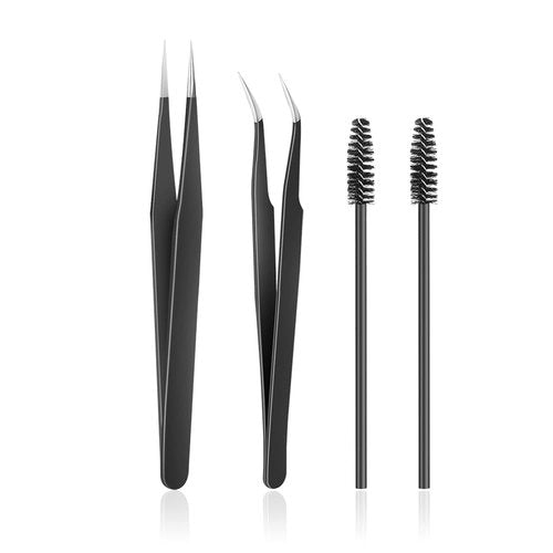 KLDKUST Stainless Steel Eyelash Extension Tweezers (Straight & Curved Tip) & Eyelash Brushes (4PCS, Black) for Eyelash Extension Applications