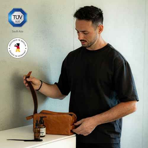 BERLINER BAGS Vintage Genuine Leather Toiletry Bag Tim M, Large Capacity Cosmetics Bag for Men and Women for Travel - Brown