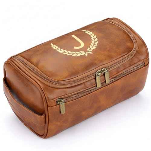 OXYEFEI Personalized Toiletry Bag for Men,Personalized Gifts for Men,Engraved Initial PU Leather Mens Toiletry Travel Shaving Travel Essentials Toiletries Bag for Him Birthday (J, Light Brown)