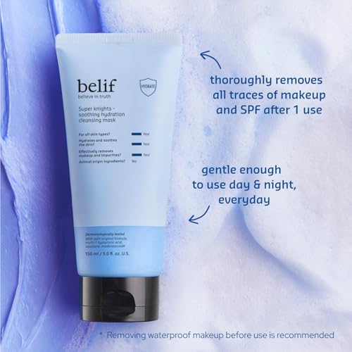 belif Super Knights - Soothing Hydration Cleansing Mask, 3-in-1 Facial Mask & Cleanser with Hyaluronic Acid, Squalane, Madecassoside | For Dry and Sensitive Skin | Korean Skincare (5.0 fl. oz)