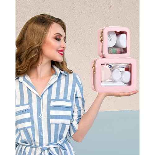 Small Clear Makeup Bag for Purse, Cute Mini Clear Cosmetic Bag Case Organizer, TSA Approved Square Small Makeup Case Pouch with Zipper, Car Travel Purse Essentials for Women (Pink, S)