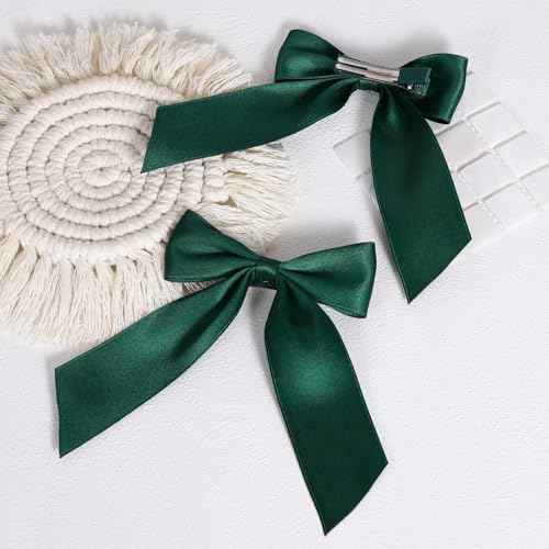 4in Christmas Dark Green Hair Bows Alligator Clips for Teen Toddler Girls, 2pc Solid Silky Satin Polyester Ribbon Ponytail Holder Barrettes Party Dress Accessories Kids Xmas Gift