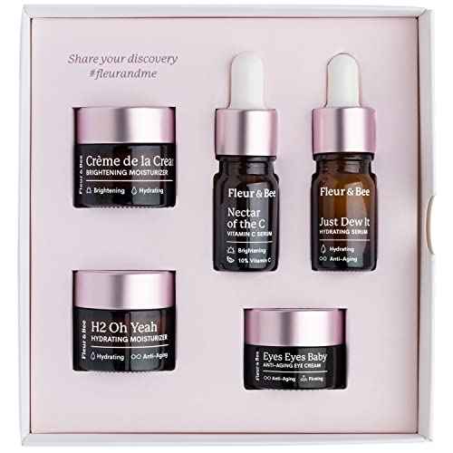 Fleur & Bee Skincare Set, Discovery Set, 5 Deluxe Minis Moisturizers, Serums, Eye Cream | Skin Care Gift Set Vegan & Cruelty-Free | Travel Friendly