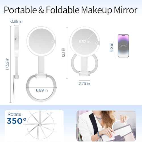 Magnifying Mirror with Light, Makeup Mirror with Lights and Adjustable Brightness, Hanging and Handheld Mirror with Handle, Travel Portable Lighted Makeup Mirror, 360¡ÆRotation, Memory Function 1X/10X