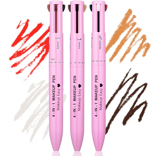 Loopeer 3 Pieces 4 in 1 Makeup Pen Eyebrow Pencil Eye Liner Lip Liner Highlighter Eyebrow Liner All in One Makeup Pencil Waterproof Lip Color Makeup Beauty Tool for Women for Travel(01#)