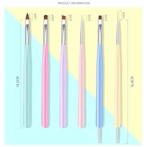 Nail Art Brushes, 6Pcs Nail Art Painting Tools with Nail Art Fine Liner Brush, Nail Design Painting Brushes Set, Builder Gel Brush, Nail Dotting Pen for Gel Polish Manicure Salon DIY, Multicolor
