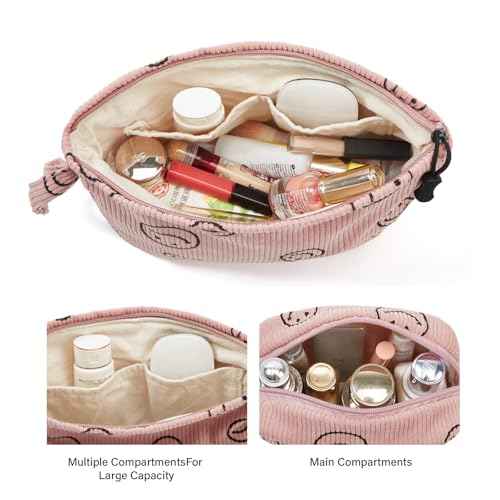 Makeup bag set small Cosmetic bag for women purse Corduroy Organizer with interior Pockets,cute Pencil zipper Pouch travel Toiletry Bag with handle(Smile face Pink)