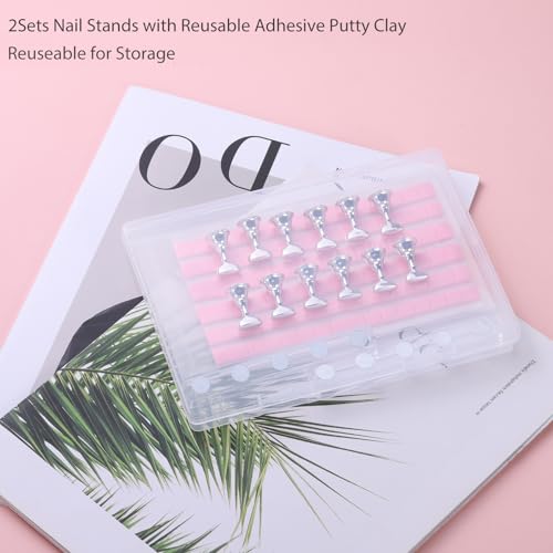 Etercycle Nail Stand Press On Nail Stand Nail Holder for Painting Nails Magnetic Nail Tips Practice Stands with 80Pcs Reusable Putty (Silver)