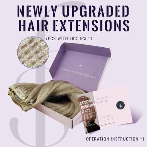 Fshine Clip in Hair Extensions Real Human Hair Ash Blonde Highlighted Golden Blonde Clip in Extensions Lace Double Weft Full Head Long Straight and Soft 18 Inch 120 g 7 pcs
