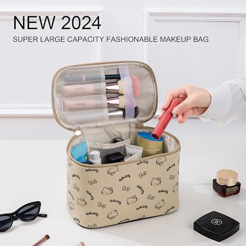 BeautyTimes Large Makeup Bag Travel Cosmetic Bags with Handle Storage Bag Brush Zipper Case Organizer for Women (Beige-A)