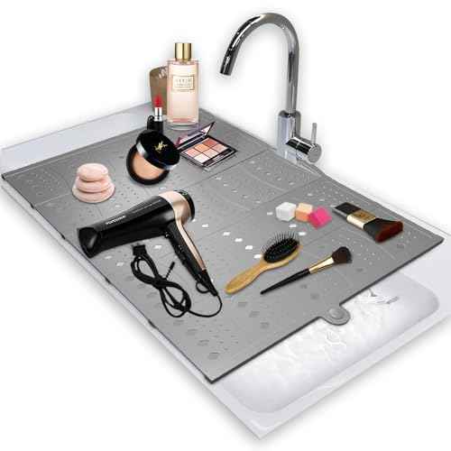 BRIAN & DANY Makeup Mat for Sink, Bathroom Sink Cover for Counter Space, Foldable Silicone Sink Mat Organizer Countertop RV Space Saver, Gray, 19.3" x 15.5"