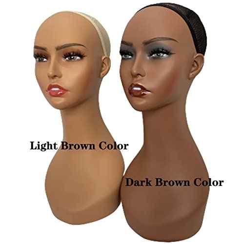 4PCS Wholesale Realistic Female Mannequin Head Long Neck Manikin PVC Head Bust Wig Model Head Stand with Makeup Wigs,Hats,Sunglasses,Necklace,Jewelry (Dark), Brown (voloriamannequin4pieces)