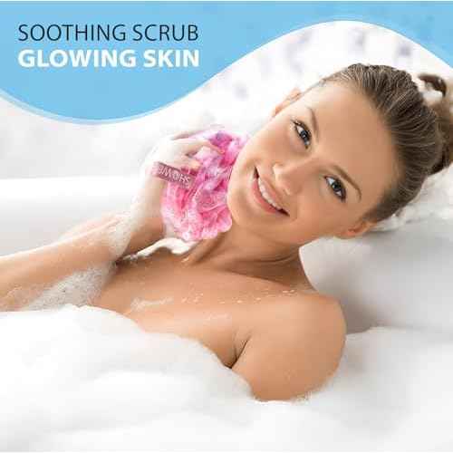 SHOWER BOUQUET Pink-Loofah Bath-Sponge XL 4-Pack // Extra Large 75g Soft Mesh Net Pink Loofa Loufa Luffa Lufa Puff Set/Exfoliating Body Scrubber for Women and Men - Exfoliate & Soothe Face & Body