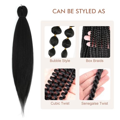 DIFUNEE Pre-stretched Braiding Hair - 24 Inch 6 Packs Natural Black Long Braiding Hair For Twist or Box Braids, Yaki Texture Hot Water Setting Synthetic Braiding Hair Extensions (24 Inch, 1B-6P)