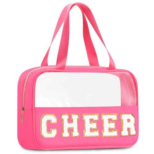 Chenille Letter Patch Clear Travel Bags, Preppy PVC&Nylon Makeup Bag with Handle and Zipper, Waterproof Large Clear Travel Toiletry Bag Storage Bag for Women Girls