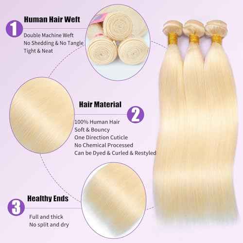 Blonde Bundles Human Hair 12A Grade Straight 613 Bundles Human Hair 100% Unprocessed Brazilian Virgin Raw Hair Quick Weave for women 3 Bundle Deals Hair Extensions 16 18 20 Inch