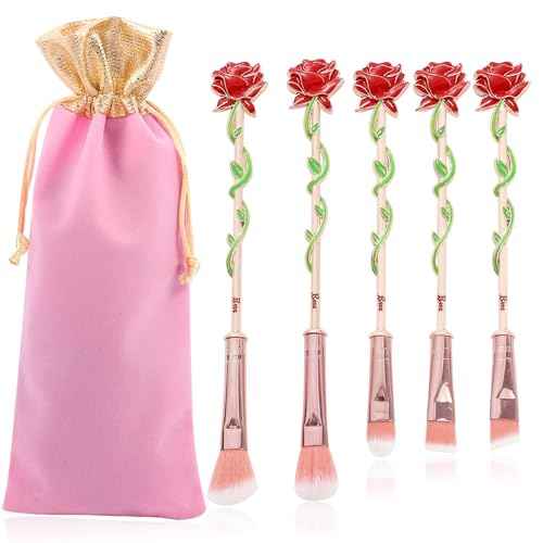 Rose Eye Makeup Brush Set - 5pcs Metal Wand Makeup Brushes Soft Synthetic Fiber Eyebrow EyeshadowFoundation Blending Lips Brushes Makeup Tools, Gift for Women Sister Girlfriend (New Rose Gold)