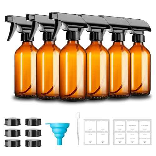 8oz Amber Glass Spray Bottles,6 Pack Glass Spray Bottles Refillable Empty Bottle with Adjustable Nozzle,Spray Bottle for Essential Oils,Cleaning Solutions,Pets,Hair Mister,Gardening