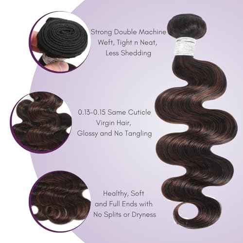 Brown Highlighted Bundles with 2x6 Closure Body Wave Human Hair, 12A Thick #F4/2 Dark Brown with Chestnut Highlight Human Hair Bundles and 2x6 Hd Lace Kim K Closure Long Deep Part 12 14 16+10 In
