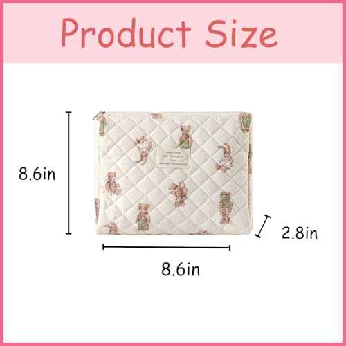 uekeboag Quilted Cotton Makeup Bag,Coquette Quilted Toiletry Bag for Women and Girls,Floral Coquette Pouch,Cute Kawaii Travel Cosmetic Bags(White Bear)