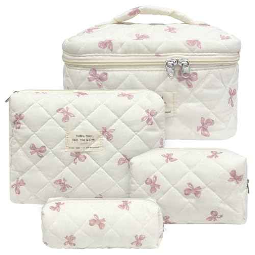 Quilted Makeup Bag, Large Capacity Travel Cosmetic Bag for Women and Girls, Aesthetic Storage for Daily and Travel Use (4pcs-pinkbow)