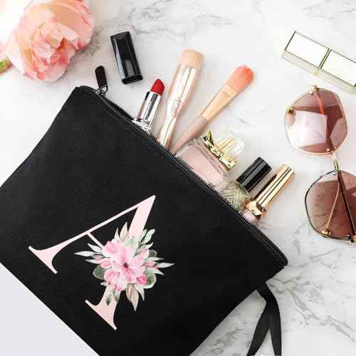 Vavabox A-Z Personalized Makeup Bag, Birthday Gifts for Women Mom, Gifts for Best Friend, Bride Bridesmaid Cosmetic bag (L, 04-Black Set)