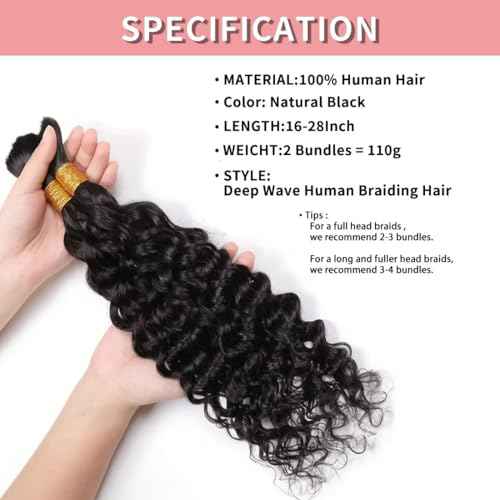 Human Braiding Hair for Boho Braids 12A Deep Water Wave Bulk Human Hair for Braiding No Weft Wet and Wavy Curly Human Hair Extensions (1B-Natural Black-Deep, 110g-28 Inch)
