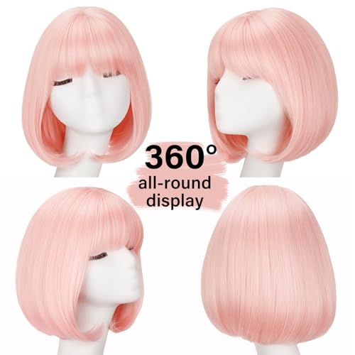 Light Pink Bob Wigs with Bangs Straight Short Wigs for Women Synthetic Pink Wig for Cosplay Women Funny Wig for Party Halloween Daily Wear Anime Costume Events