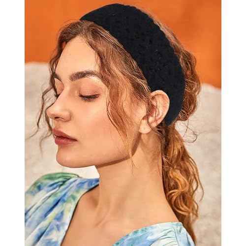 HAIMEIKANG Hippie Hair Bandana Headbands for Women Boho Headband Knit Hair Bands Floral Head Wrap for Women and Girls(Black+Beige+Coffee)