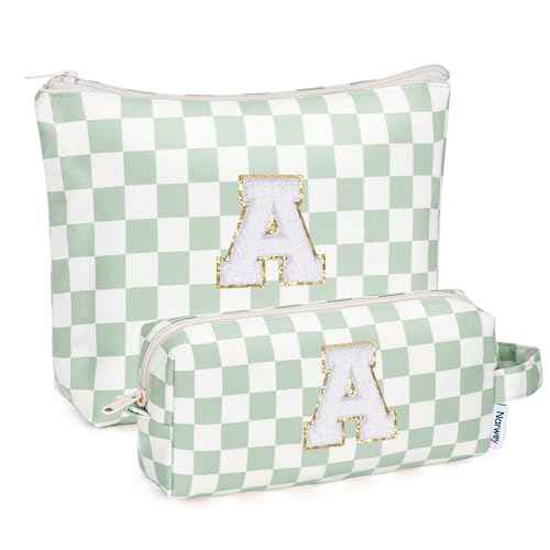 Narwey Christmas Gifts for Grandkids 2 Piece Personalized Initial Makeup Bag Cosmetic Bags, Stocking Stuffers for Teen Girls Trendy Stuff 10 11 12 13 14 16 18 Years Old, Birthday Gifts for Women (A)