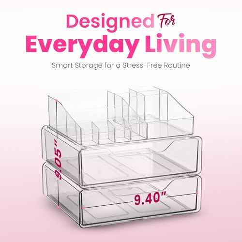 Clear Makeup Organizer - Acrylic Cosmetic Vanity Storage Organizers for Girls Dresser, Bathroom, Desk Counter - Plastic Make Up Holder, Jewelry Box (2-Drawer | Multi Compartments)