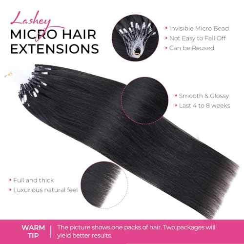 Lashey Micro Link Hair Extensions Human Hair Natural Black 14 Inch Yaki Straight Micro Beads 50g 50s Micro Loop Micro Ring Human Hair Invisible for Women