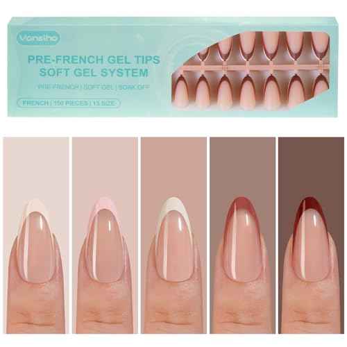 150Pcs French Gel Nail Tips Almond, Vansiho Medium Nail Tips, Pre-French Tips Press on Nails, Acrylic Fake Nails for Nail Art DIY 15 Sizes