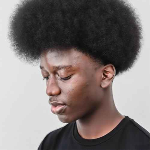 Afro Toupee for Black Men Kinky Curly Brazilian Human Hair Piece African American Wavy Hairpiece Full Poly Thin Skin PU Replacement System(8x10-120% Density,#1B Off Black-12MM Wave)