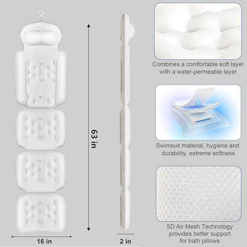 Luxury Full Body Bath Pillow for Bathtub, Bath Pillows for Tub with Mesh Laundry Bag, Cushion for Bathtub Headrest Neck Back Support - 5D Air Mesh & Quick Drying | White 63" x 16"