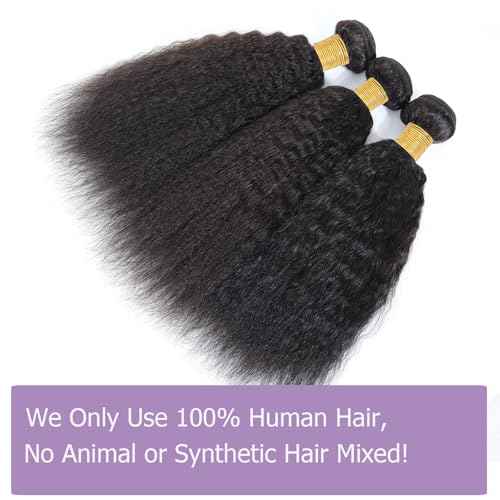 Kinky Straight Bundles 100% Human Hair Bundles Yaki Straight Bundles Human Hair 3 Bundles 16 18 20 Inch Raw Virgin Human Hair Weave Weft Bundles Natural Black Color