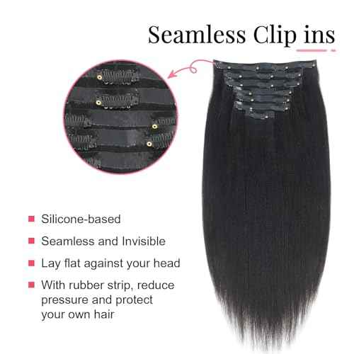 Sasisna Real Human Hair Extensions Clip ins Yaki Straight 22 Inch Nature Black Seamless PU Clip in Hair Extensions Double Wefted Yaki Straight Hair Extensions 120g/7pcs with 17 Clips