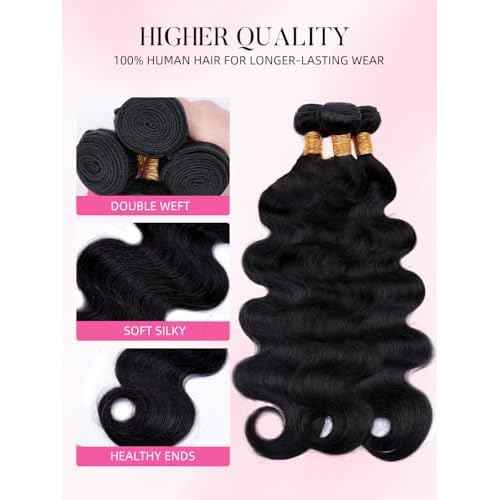 PerisModa Body Wave Bundles Human Hair 16 18 20 Inch 1PC 100% Human Hair Bundles Unprocessed Brazilian Virgin Hair Bundle 12A Body Wave Human Hair Extensions Natural Black