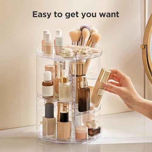 HBlife 360 Rotating Makeup Organizer Adjustable Carousel Small Capacity Revolving Perfume Organizer Skincare Organizers Cosmetic Storage Spinning Holder for Vanity, Clear