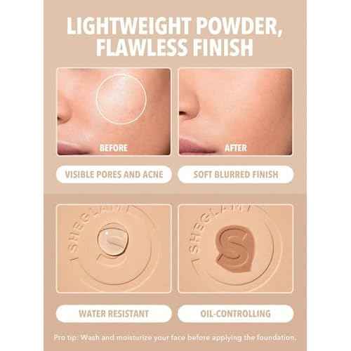 SHEGLAM SKin-Focus Full Coverage Powder Foundation Oil-Control Lightweight Face Pressed Powder Makeup-Nude