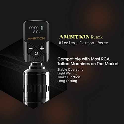 Tattoo Power Supply - Ambition Kuark Mini Wireless Portable RCA Tattoo 2400mAh Lithium Battery Pack with LED Digital Display for Rotary Tattoo Machine