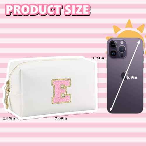 Initial Makeup Bag,Personalized preppy bag Waterproof PU Leather Chenille Letter Cosmetic Bag,Portable Travel Toiletry Bag Monogram Birthday Gift for Women Girls Mom Friends (Letter E)